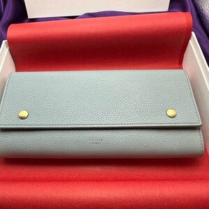 Celine Pebbled Leather Continental Wallet in Light Blue-Gray with Gold Hardware